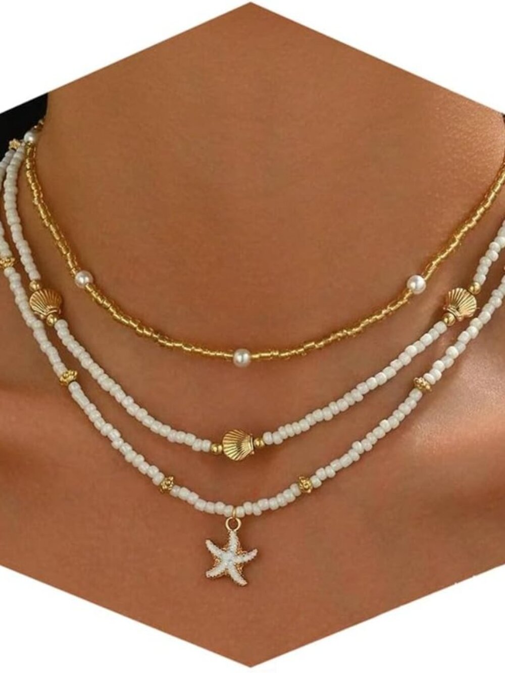 Shell Starfish Necklace for Women, 14k Gold Plated Boho Layered Beaded Charm Pen